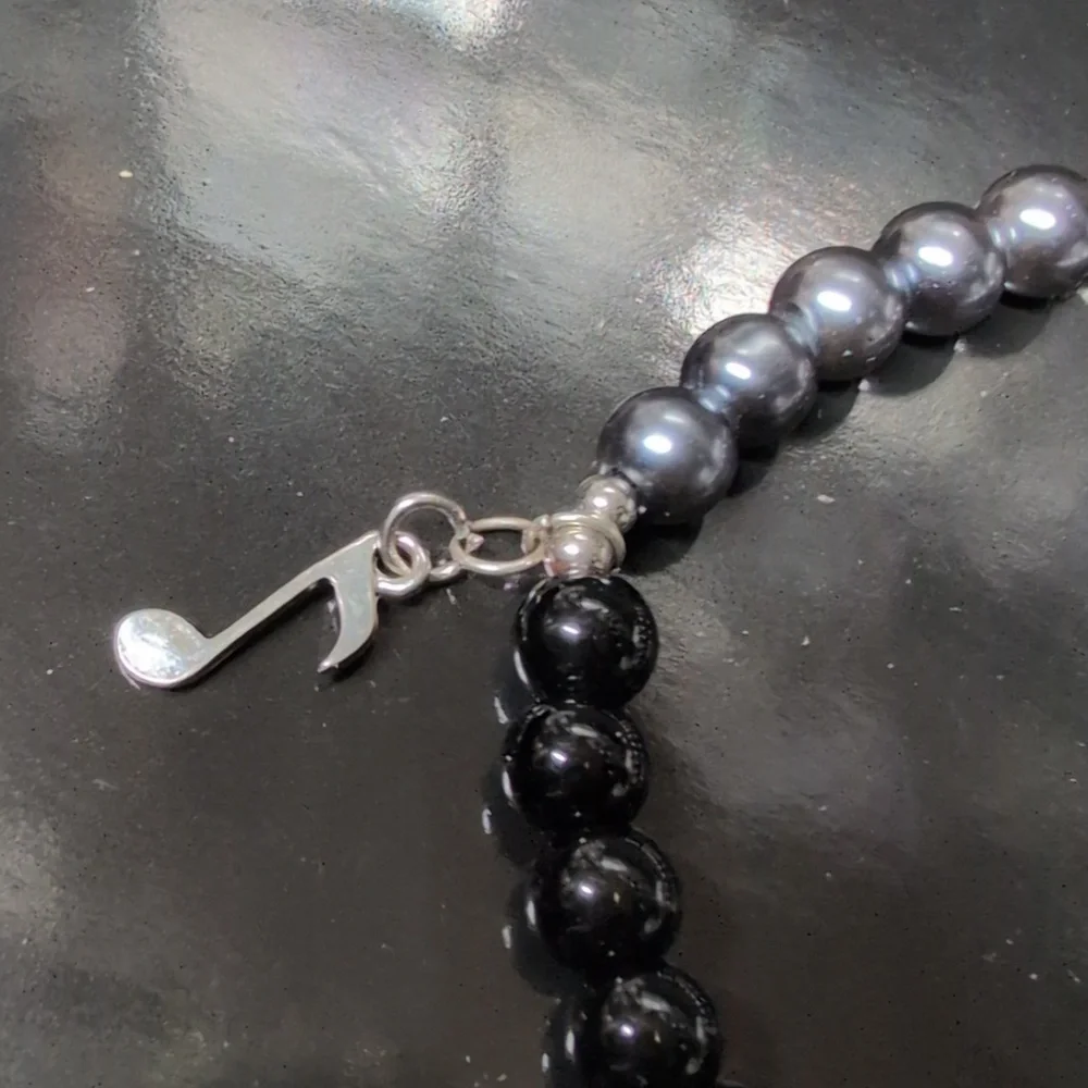 Black and Gray Beaded Rock And Roll Bracelet with Charms - Picture 4 of 4